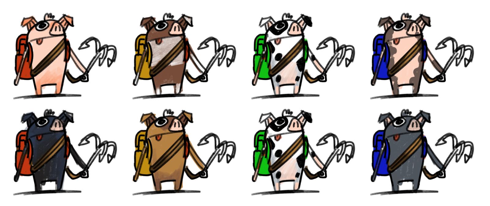 Concept art of eight pig characters in different coloured outfits with backpacks and grappling hooks