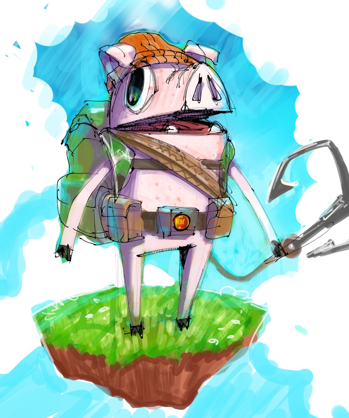 Painted concept art of a When Pigs Fly pig with a backpack and grappling hook standing on a floating island