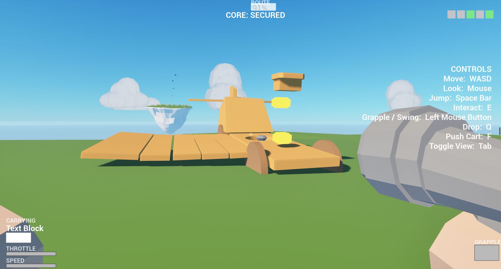 The shared cart part-way through becoming a plane, wings bolted on, parked on the start island in When Pigs Fly
