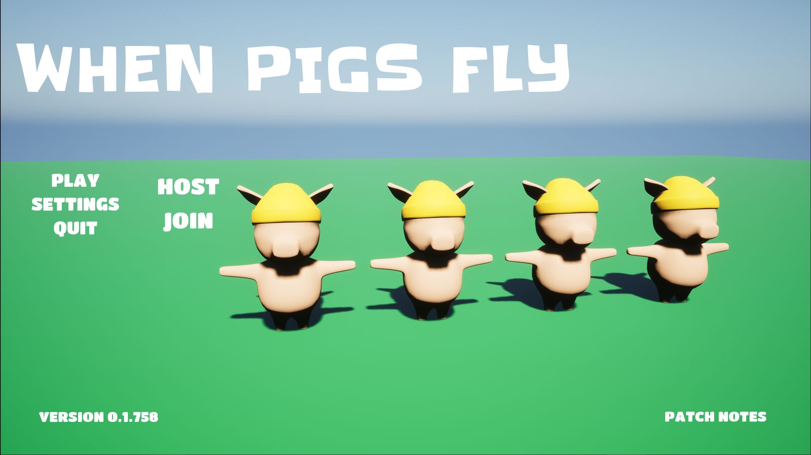 The When Pigs Fly main menu with four pig characters lined up, showing host and join options