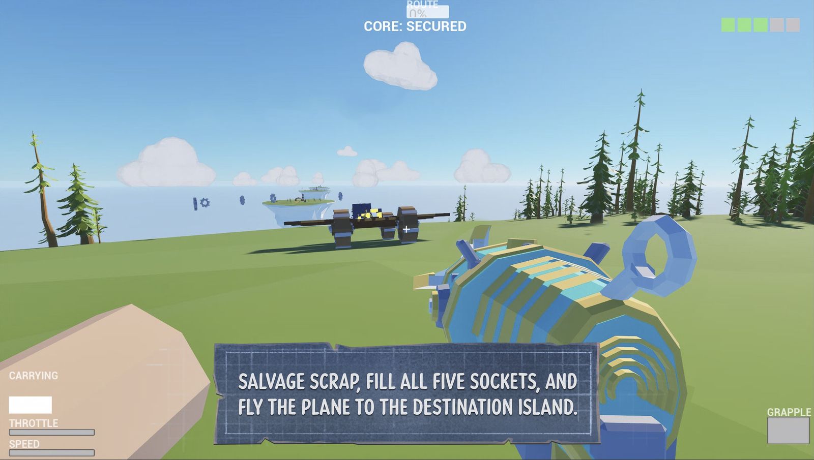 In-game objective prompt reading: salvage scrap, fill all five sockets, and fly the plane to the destination island