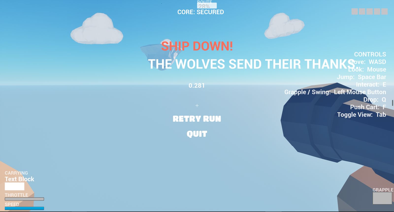 Failure screen reading "Ship down — the wolves send their thanks" in When Pigs Fly